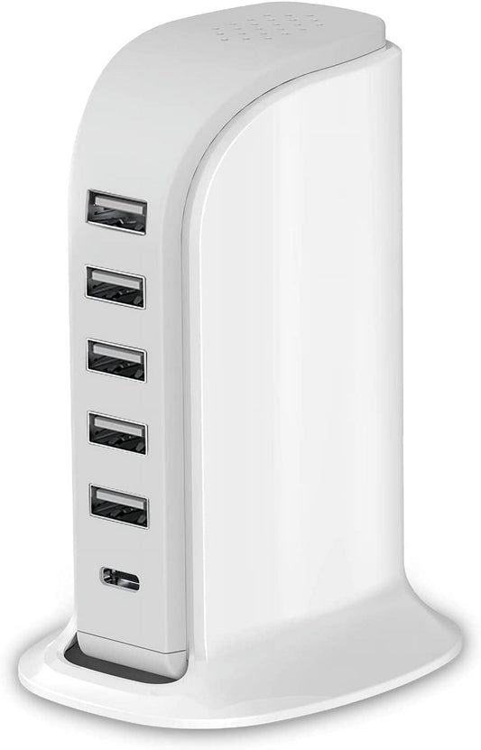 Charging Station for Multiple Devices 40W , Wall Charger Block 5 USB Ports(Shared 6A), USB Charging Hub Smart IC, Charger Tower with Type-C 3A for Tablets Smartphones, Home Office Use